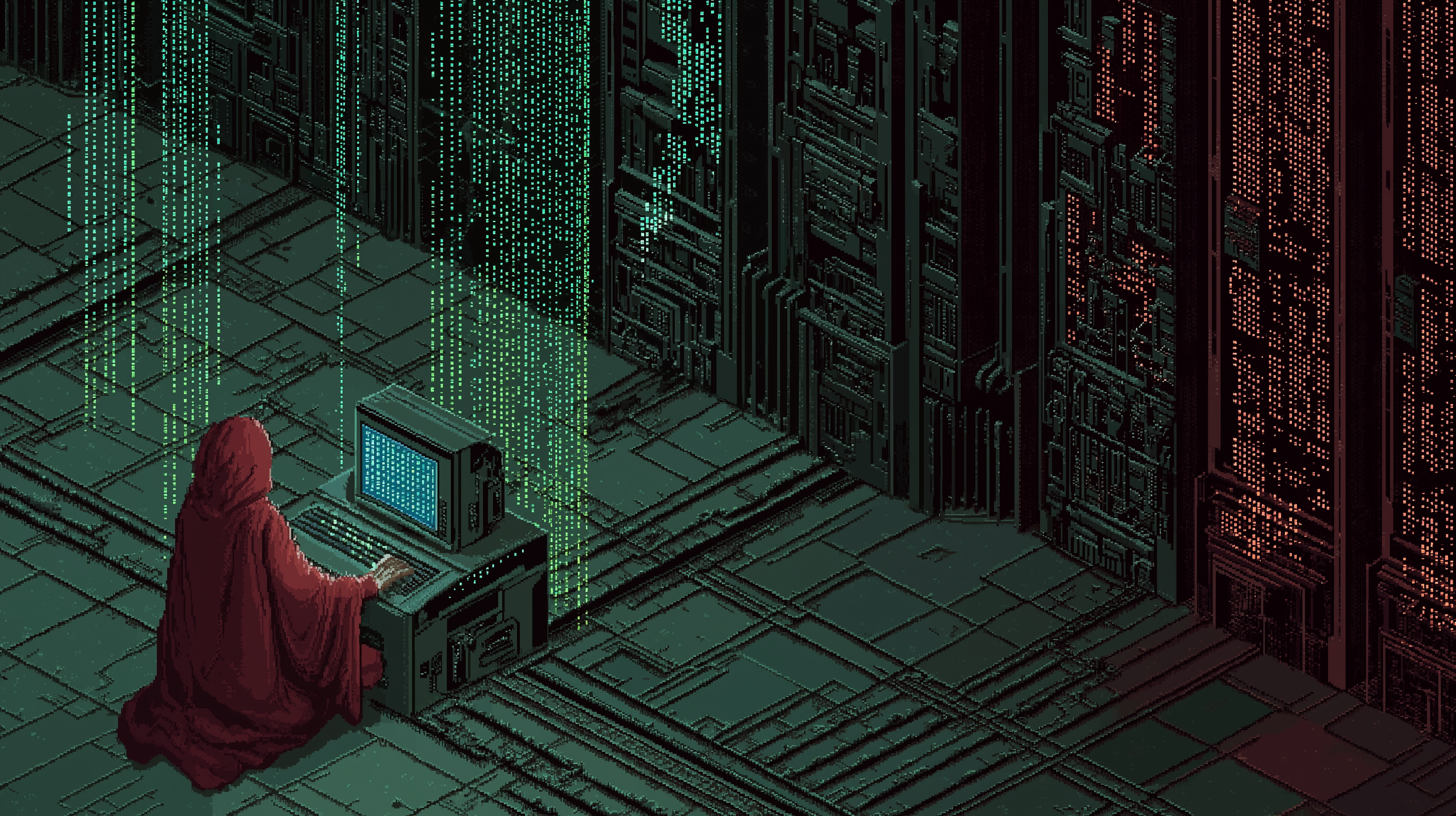 Pixel art mage coding among glowing runes